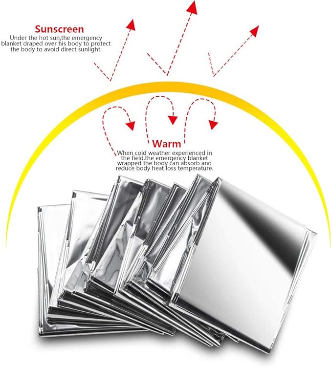 Emergency Mylar Thermal Blankets, Space Blanket Survival kit Camping Blanket, Windproof & Waterproof Shield, High-Visibility Rescue Signal (Pack of 6)