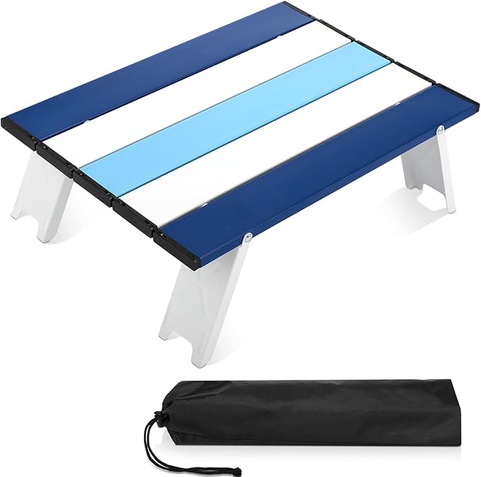 CroBlissful Beach Table Folding Camping Portable Table Striped White Aluminum Side with Carry Bag for Camping Picnics and Outdoor Activities(16x11x5 in,Navy Blue)