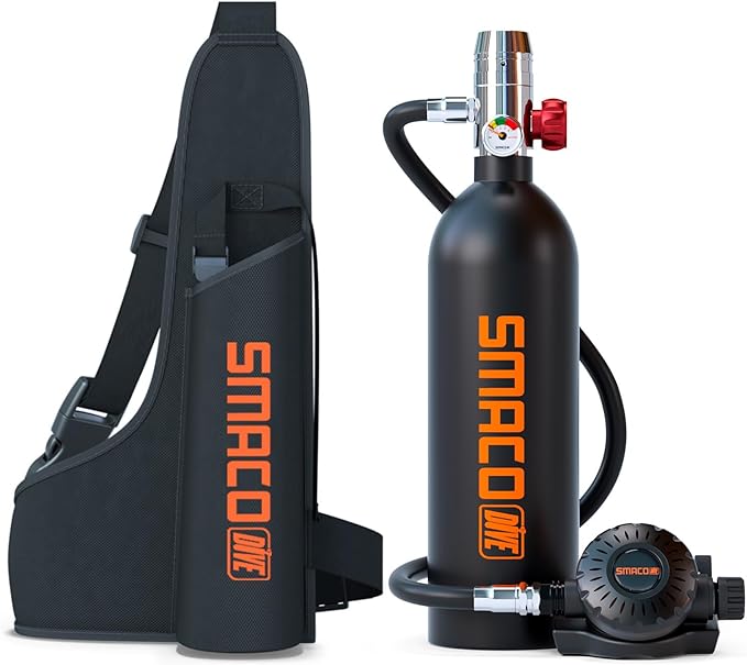 SMACO Mini Scuba Tank 1L Small Diving Tank for Underwater Breathing Portable Lung Air Tank Diving Oxygen Cylinder Kit for Emergency Rescue Boat Cleaning Backup Air Source Pony Bottle S400
