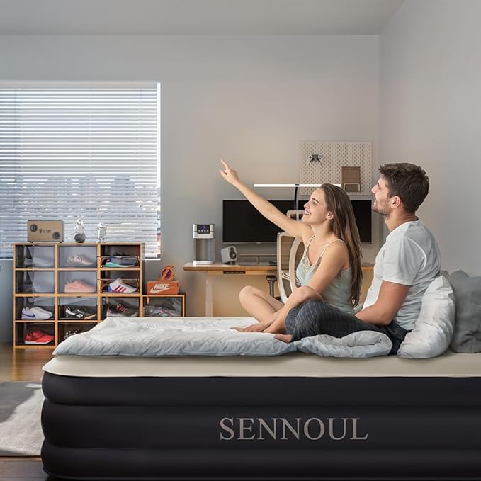 SENNOUL Air Mattress Queen with Built in Pump, Inflatable Mattress Blow Up Mattress 16 Raised Comfort,Upgraded Surface Portable Bed, Air Bed for Home, Guest, Camping, Colchone Inflable, 650 lbs