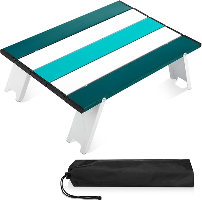 CroBlissful Beach Table Folding Camping Portable Table Striped White Aluminum Side with Carry Bag for Camping Picnics and Outdoor Activities(16x11x5 in,Cyan Green)