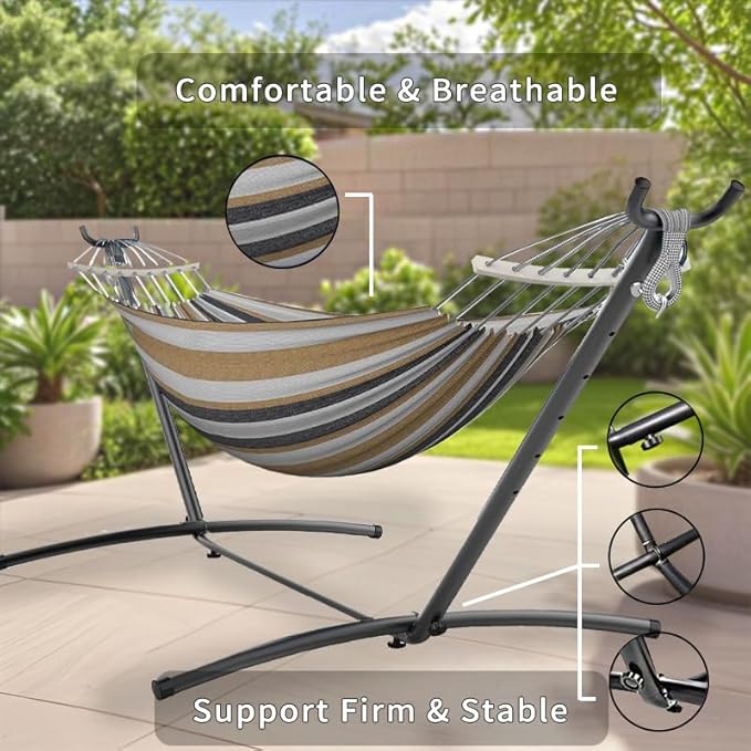 ANAGOO Double Hammock, Heavy Duty Portable, 500 lb Weight Capacity, Perfect for Both Indoors and Outdoors, 2 Person Hammock with Carrying Bag, Coffee