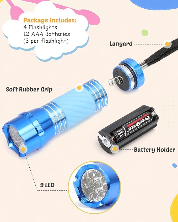 EverBrite 4-Pack Mini LED Aluminum Small Flash Light Colors Assorted for Hurricane Supplies with Handle Glow in Dark