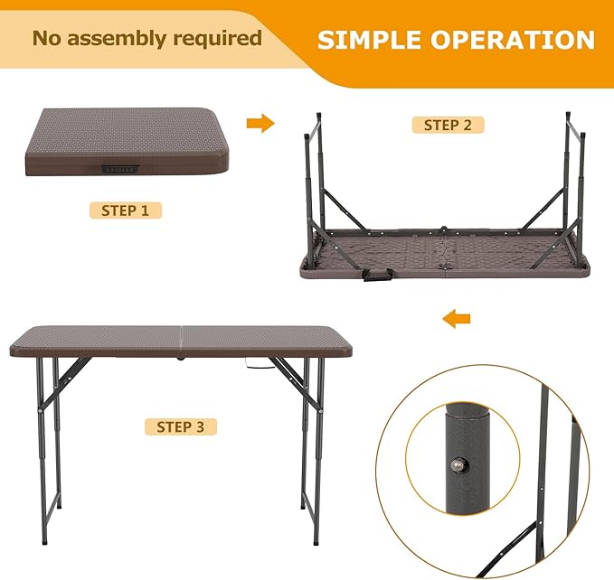 FDW 4FT Folding Table Half Portable Foldable Table Picnic Table for Office Home Camping Party (Brown Ratten)