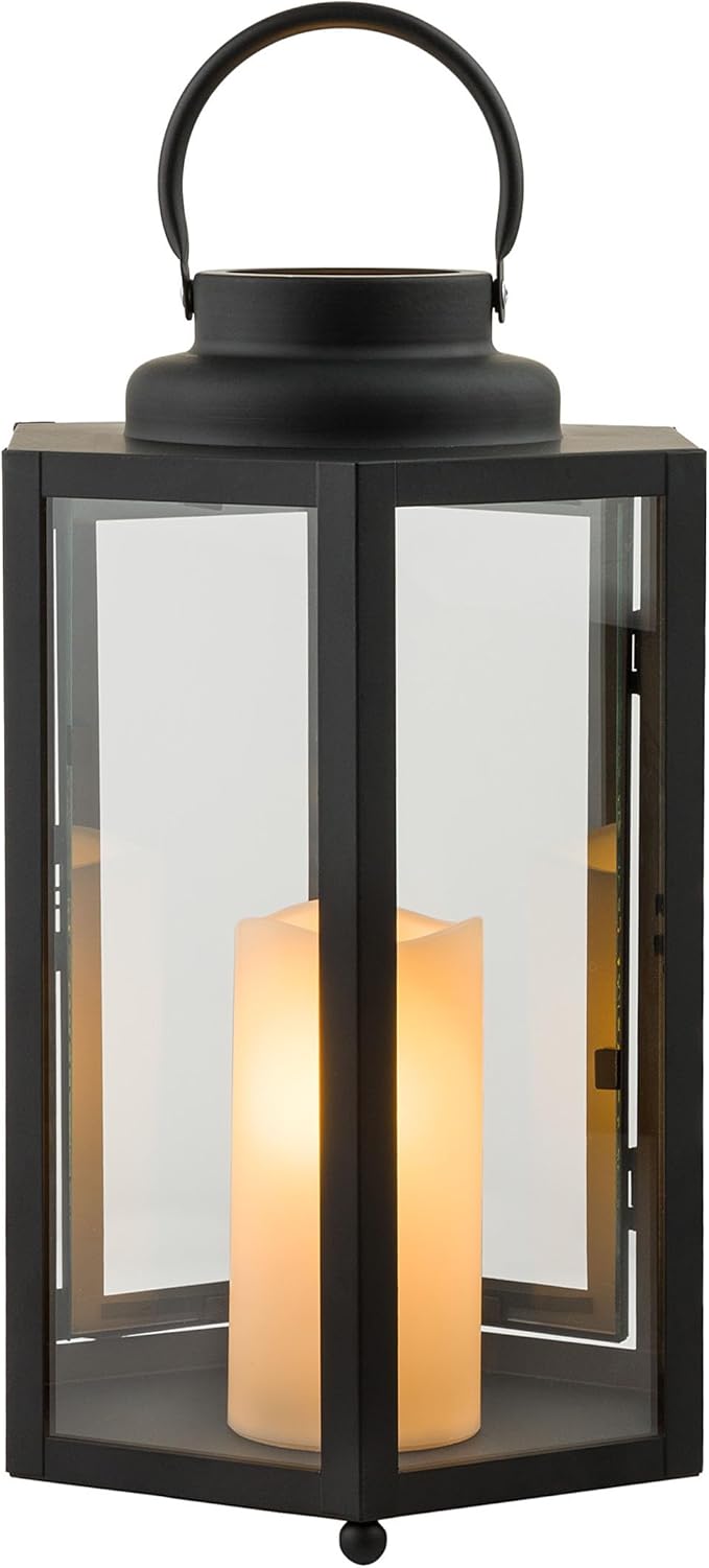 Alpine Corporation 14" Tall Outdoor Hexagonal Battery-Operated Metal Lantern with LED Lights, Black