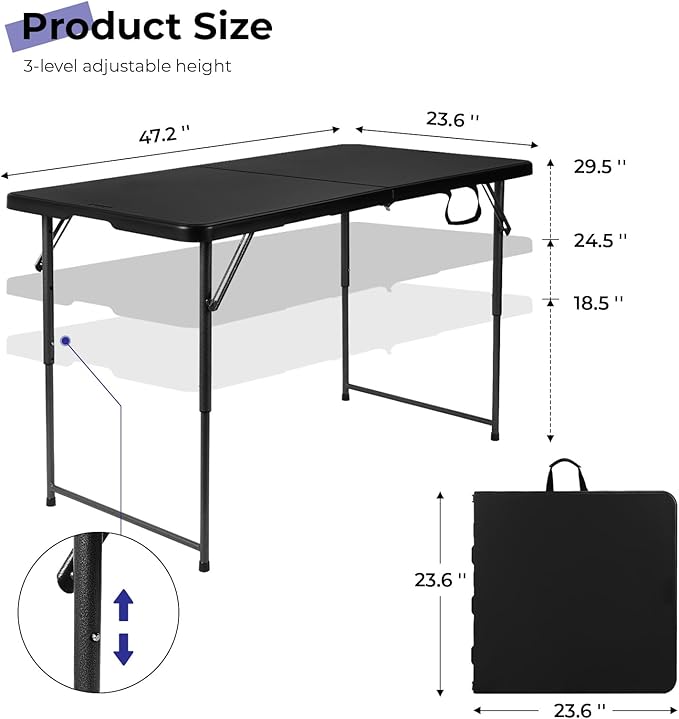 Byliable Folding Table 4 Foot Portable Heavy Duty Plastic Fold-in-Half Utility Table Small Indoor Outdoor Adjustable Height Folding with Carrying Handle, Camping and Party, Black