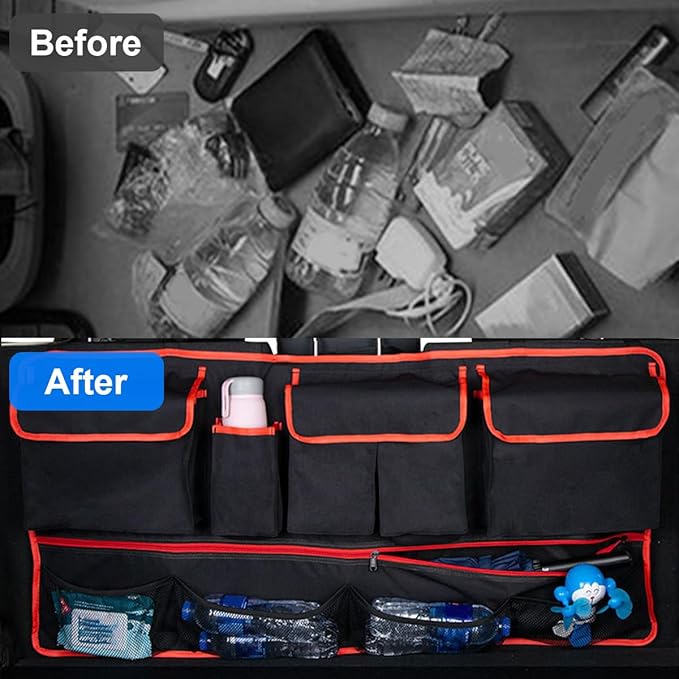 Mandark Car Trunk Organizer, Super Capacity Vehicle Hanging Backseat Cargo Storage Bag with Robust Elastic Net, Detachable Auto Seat Back Organizing Bag, Universal for SUV, Truck, RV（Black/Red）