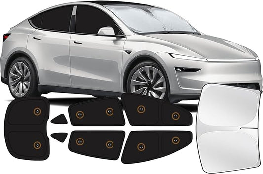 Fit for Tesla Model Y Juniper 2025 2026 Car Window Shades with Suction Cups (No Falling), 8pcs Privacy Sun Shade Set for Front Windshield Side and Rear Windows, Full Window Covers for Camping Napping