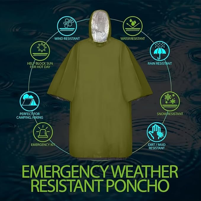 Emergency Poncho with Mylar Blanket Liner for Survival Gear, Waterproof, Wind-Resistant Green Rain Poncho for Outdoors, Camping, and Car Emergency Kits - Thermal Poncho - 4 Pack (Green)