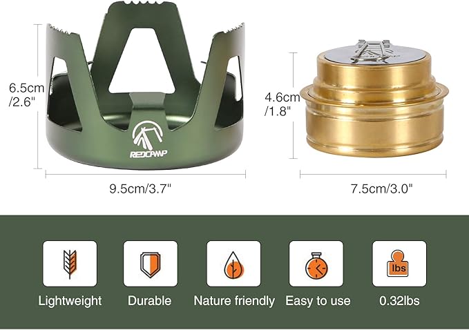 REDCAMP Mini Alcohol Stove for Backpacking, Lightweight Brass Spirit Burner with Aluminium Stand for Camping Hiking, Green