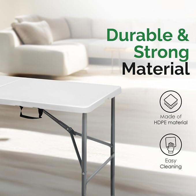 EconoHome White 4ft Folding Table with Handle | Heavy-Duty Foldable Table | Portable Table for Indoor & Outdoor Use | Perfect for Events, Camping, Parties, Dining & More