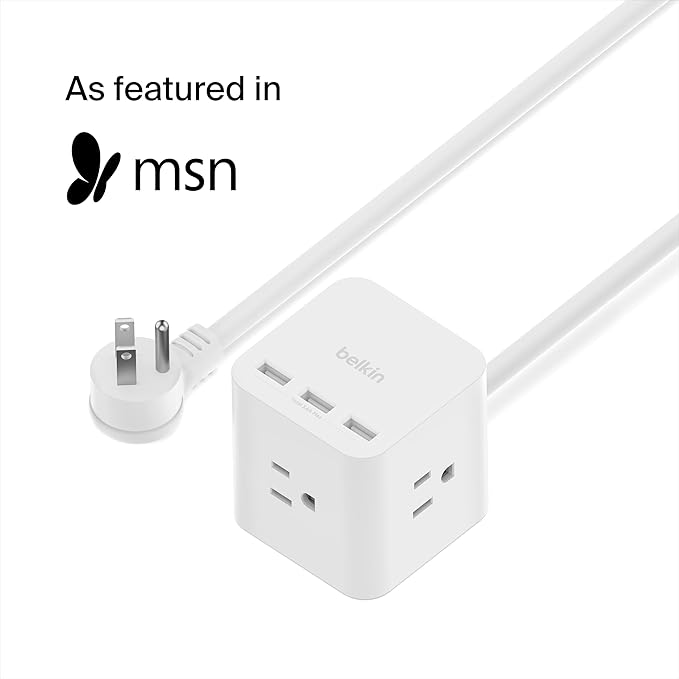 Belkin 6-Outlet Power Cube w/ 3 AC Outlets, 3 USB-A Ports, & 5ft Sturdy Extension Cord - Convenient Compact Cube for Home, Office, Travel, Desktop, & Phone Charger - 4.5 Amps