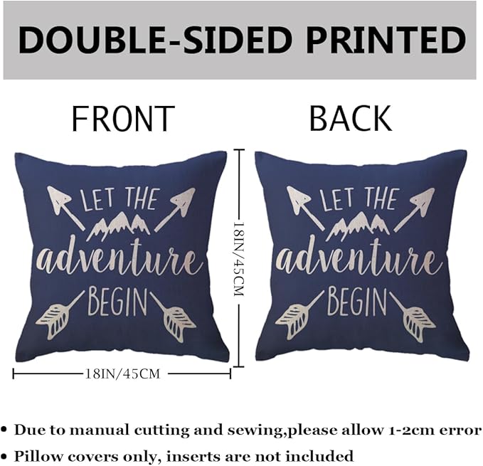 ULOVE LOVE YOURSELF Adventure Arrow Throw Pillow Covers Mountain Forest Pillowcases 18 x 18 Inch Let The Adventure Begin Decorative Cushion Covers for Cabin/Camper (Blue)