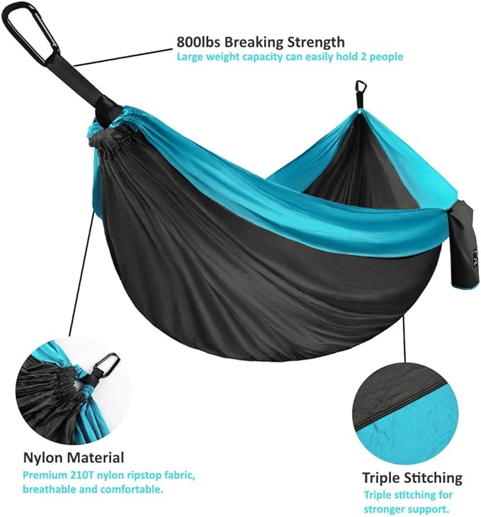 Gold Armour Camping Hammock - Portable Hammock Single Hammock Camping Accessories Gear for Outdoor Indoor Adult Kids, USA Based Brand (Gray & Blue)