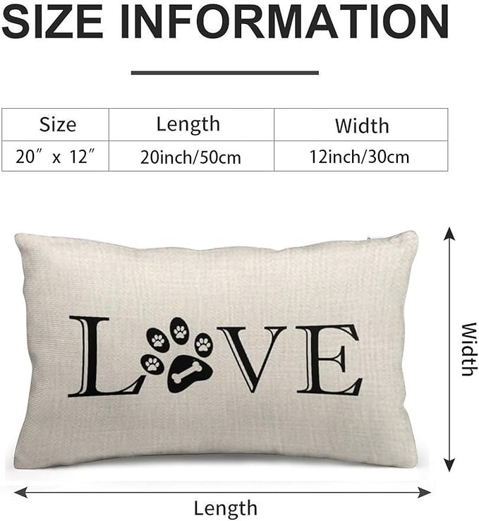 ITFRO Great Pet Dog Lover Gift with Words Love Paw Prints Bone Lumbar Sofa Decorative Beige Cotton Linen Throw Pillow Case Cushion Cover Oblong 12x20 Inches (Print)