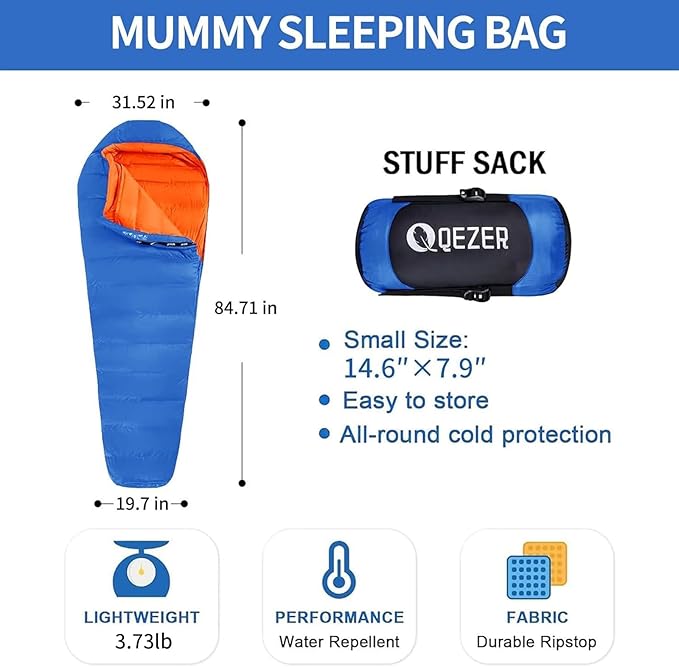 Down Sleeping Bag for Adults, 0°F 10°F 15°F 20°F 600 Fill Power Mummy Lightweight Compact Cold and Warm Weather Backpacking Sleeping Bag for Camping Hiking Outdoor All Seasons