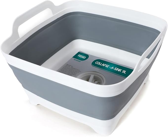 FOSJGO Collapsible Dish Basin with Drain Plug, 2.4 Gal(9L) Space Saving Multiuse Foldable Sink for Baby Bottles, Kitchen Camping Dish Tub for Vegetable Washing and Beverage Tubs