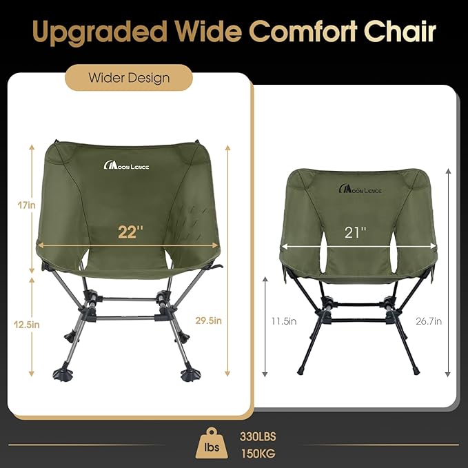 MOON LENCE Camping Chair Plus, Upgraded Comfort & Size, Still Compact and Lightweight, Folding Portable Chair for Backpacking & Hiking, 400Lbs Capacity, Gen 3 Plus (Green)