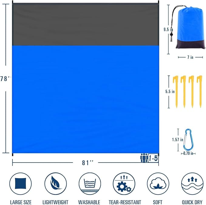 Beach Blanket Sandproof Waterproof, Beach Essentials Extra Large Beach Mat, 79" x 55" Oversized Durable Outdoor Picnic Mat Storage Bag for 1-4 Adults, Beach Accessories for Travel, Camping, Hiking
