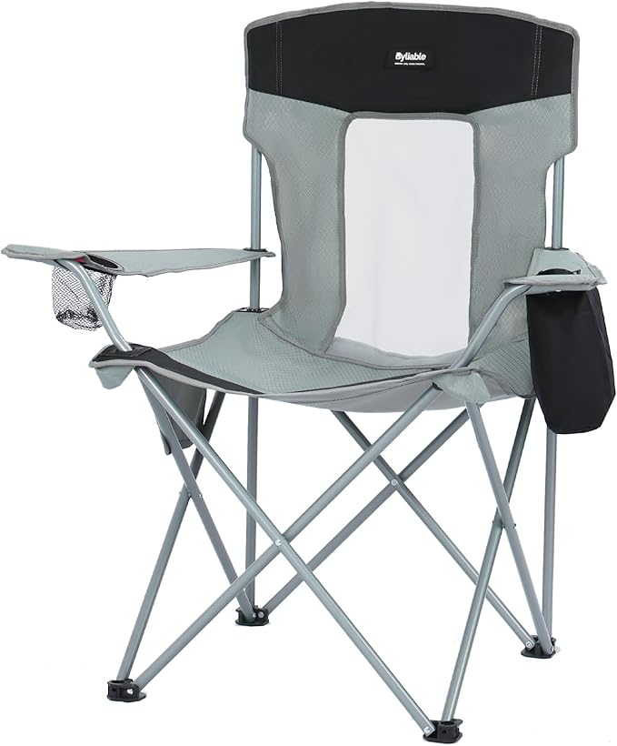 Camping Folding Chair Outdoor Lawn Portable Lightweight Camp Folding Chairs for Adult Outside with Cup Holder, Cooler Pouch & Side Pocket for Camping, Beach, Fishing, Sports or Tailgating Events, Grey