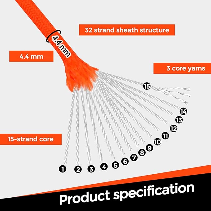 1200lb Paracord Rope, 4.4mm 15 Triple Strands Paracord, Heavy Duty Tactical Parachute Cord for Survival Gear, Camping, Hiking, and Ideal for Bracelets, Lanyards, Type III