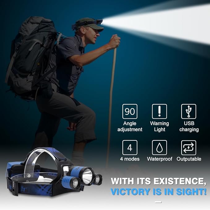 BORUIT B21 Headlamp Rechargeable, LED Super Bright Head Lights for Forehead, Battery Powered, 4 Modes Head Lamp 90° Adjustable, IPX5 Waterproof