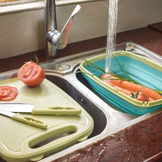 Gintan Camping Cutting Board, 9-in-1 Collapsible Chopping Board with Colander, Kitchen Vegetable Washing Basket for Camping, Camping Gifts Camping essentials for RV Campers (Blue Green)