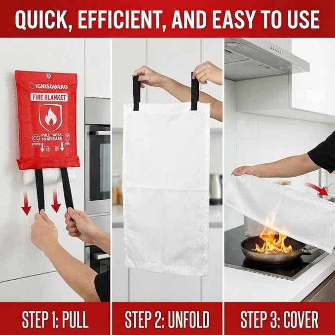 Fire Blankets 4 Pack, 40x40in with 1 Pair Fire Resistant Gloves & 4 Hooks, Fiberglass Fire Blankets Emergency for Home and Kitchen, Suppressant for Grease & Electrical Fires, RV, Camping