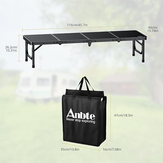 Anbte 4ft Low Folding Picnic Table, Thicker Aluminum Small Camping Table with Storage Bag, Portable Handle, Lightweight, for Camping Beach Party Picnic Floor, 45.67" x 15.7" x 10.3", Black