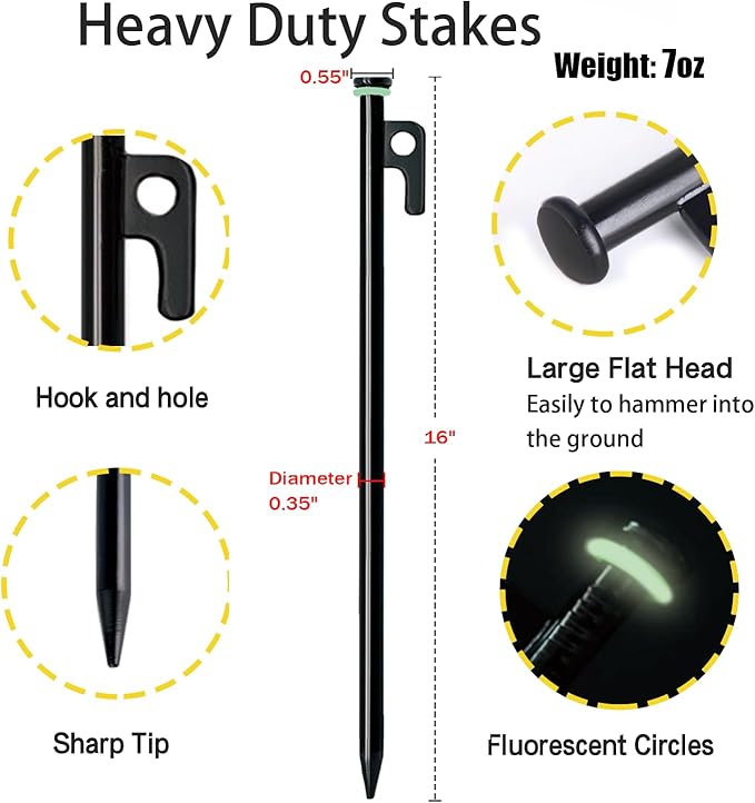16 Pack Tent Stakes with Hammer,16in Heavy Duty Tent Stakes + 12in Camping Hammer+Storage Pouch, Forged Steel Stakes for Camping Used on Rocks, Grassland(16Pcs 16in Stake+Hammer)