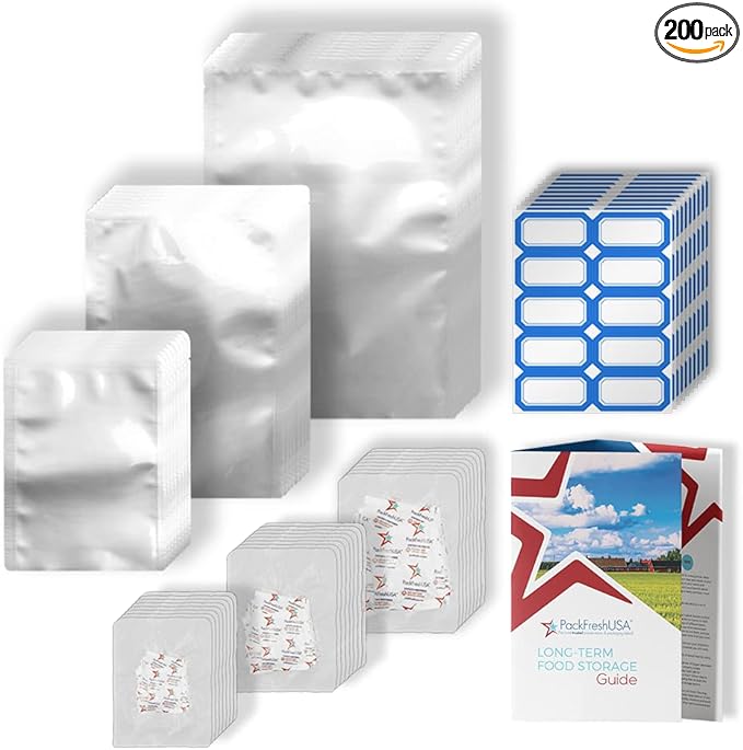 PackFreshUSA 100-Pack 7 Mil Mylar Bags & Oxygen Absorbers - Pint, Quart, Gallon – Durable Food Storage for Long-Term Prep, Heat Sealable & Moisture-Resistant
