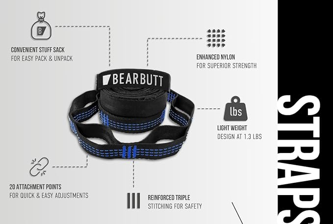 Bear Butt Kodiak Hammock Straps for Trees - 20 Feet Long, 40 Combined Loops - Holds 1000 Pounds - Camping Accessories With Carabiner