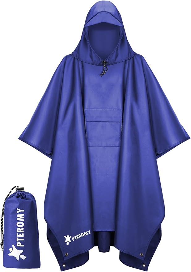 PTEROMY 3-in-1 Hooded Rain Poncho for Adult with Pocket, Waterproof Lightweight Unisex Raincoat for Hiking Camping Emergency