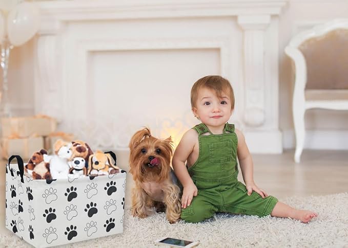 Essme Rectangular Dog Basket,Kids Storage Basket with Handles for Room Decor, Dog Bins,Puppy Storage Bin（Dog Paw）