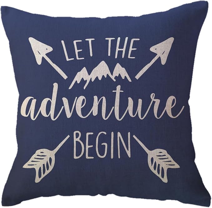 ULOVE LOVE YOURSELF Adventure Arrow Throw Pillow Covers Mountain Forest Pillowcases 18 x 18 Inch Let The Adventure Begin Decorative Cushion Covers for Cabin/Camper (Blue)