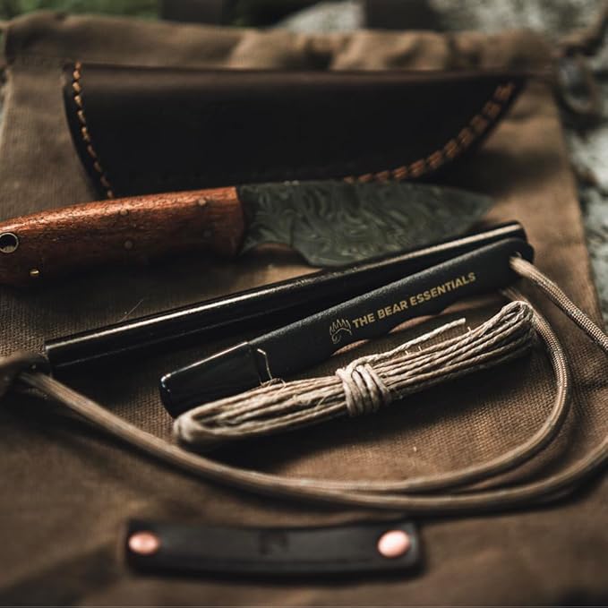 The Bear Essentials - 6" x 1/2" Large Ferro Rod & Tungsten Striker Fire Starter Survival Kit, Reflective Paracord, Waxed Hemp & Burlap Sack -20,000+ Strikes