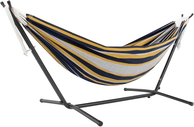 Vivere Double Cotton Hammock with Space Saving Steel Stand, Upgraded Polyester End Strings 450 lb Capacity - Premium Carry Bag Included (Serenity)