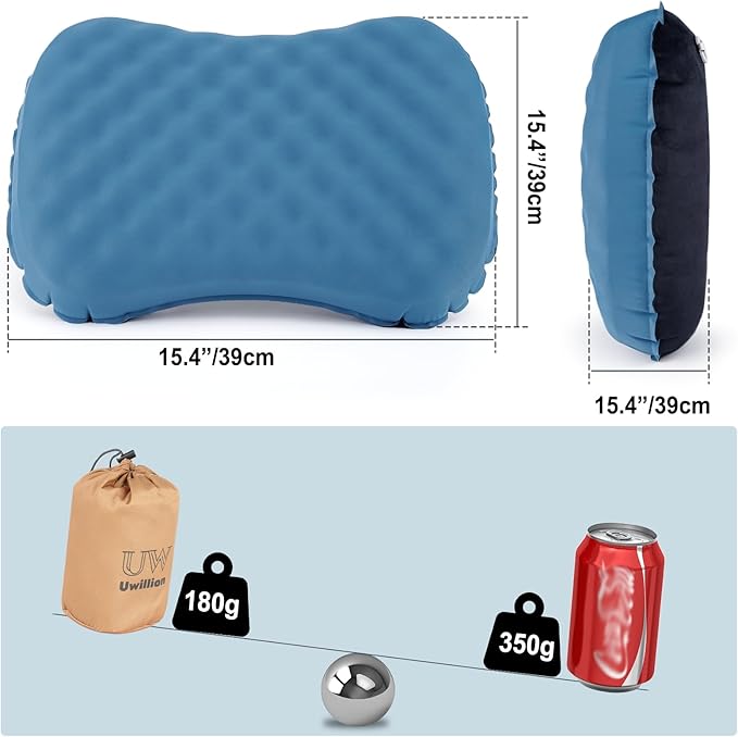 UWILLION Camping Pillow with Ice Silk Memory Foam Cover - Ultralight Inflatable Pillow for Camping Lightweight, Ergonomic and Washable for Camping, Hiking, and Travel Blue
