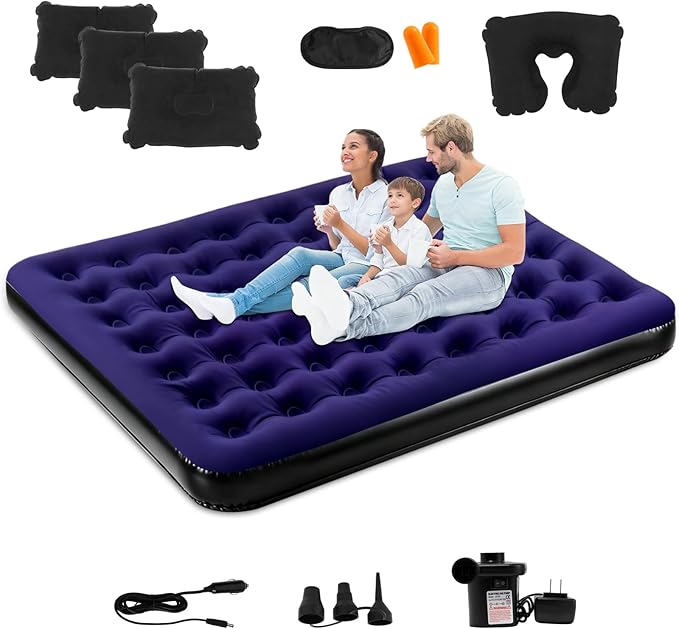 Onirii King Size Camping Air Mattress Bed with Air Pump,80"x 72"Thickened Portable Blow Up Inflatable Air Mattress,Travel Sleeping Bed Pad for Camping Home Hiking