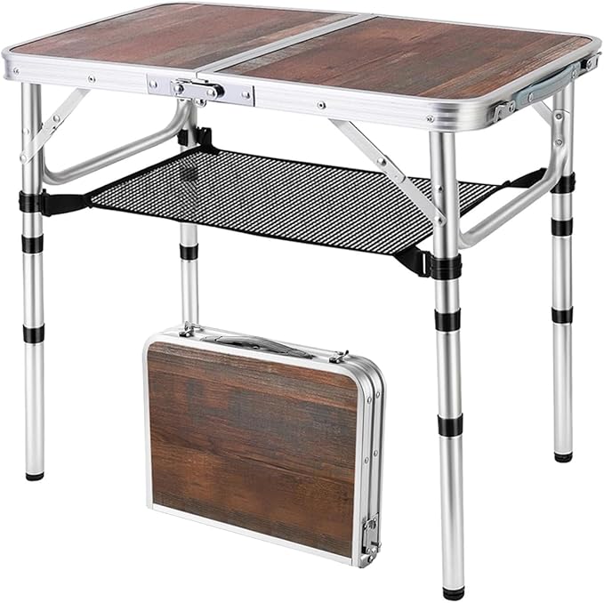 YihuiKo Small Folding Table, 3 Adjustable Heights Picnic Table, Outdoor Folding Table with Storage Mesh Layer, Portable Table for BBQ, Patio, and Indoor