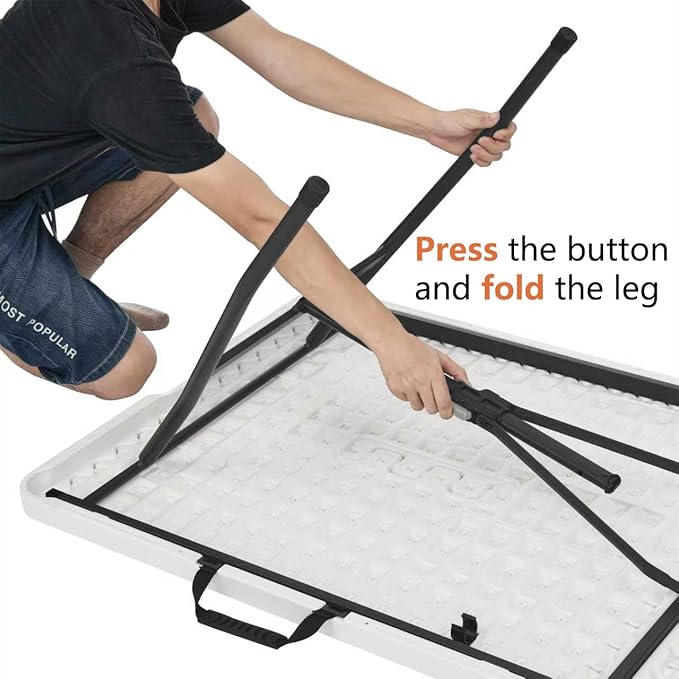 Amazon Basics Heavy Duty Portable Folding Table, 6 ft, Indoor & Outdoor, Fold-in-Half Design with Carrying Handle, White | Portable, Heavy Duty, Indoor & Outdoor, with Carrying Handle