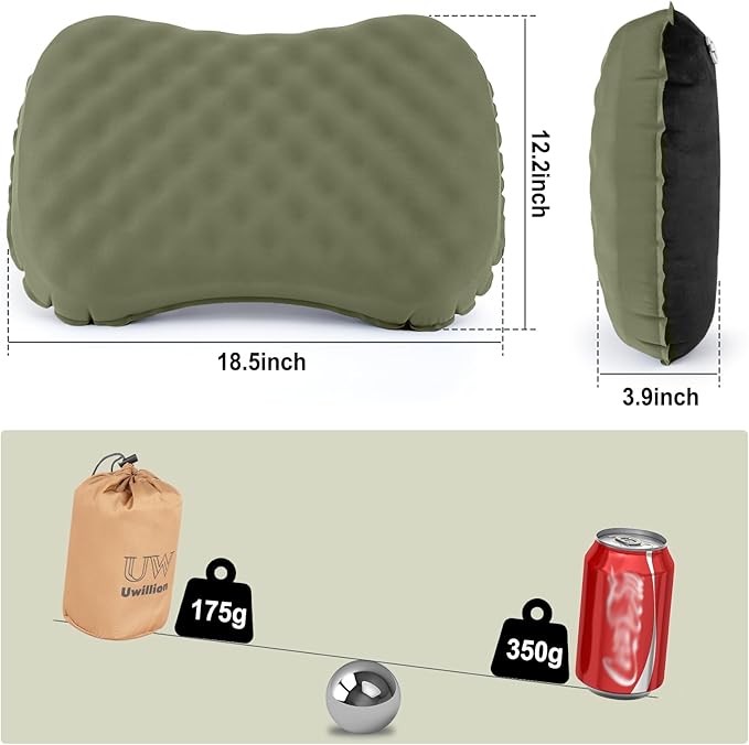 UWILLION Camping Pillow with Ice Silk Memory Foam Cover - Ultralight Inflatable Pillow for Camping Lightweight, Ergonomic and Washable for Camping, Hiking, and Travel Green