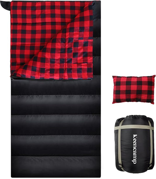Keencamp 0 Degree Sleeping Bag Cotton Flannel Winter Cold Weather for Adults XXL Sleeping Bag 4 Season Big and Tall with Pillow Compression Sack