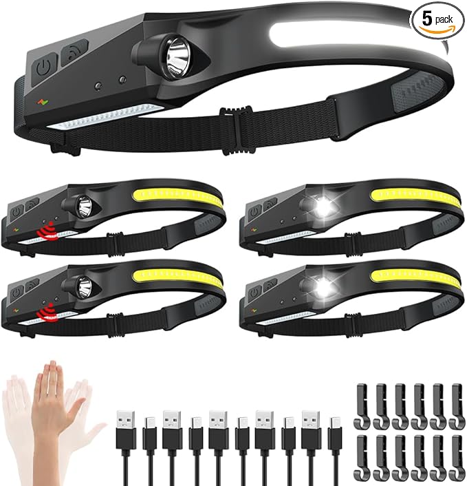 WopkDupk Rechargeable Headlamp 5PCS, 230° Wide Beam Head Lamp, Motion Sensor LED Headlamp Flashlight, 5Mode Headlamps for Adults, Bright Head Lights for Forehead, Hard Hat Headlight