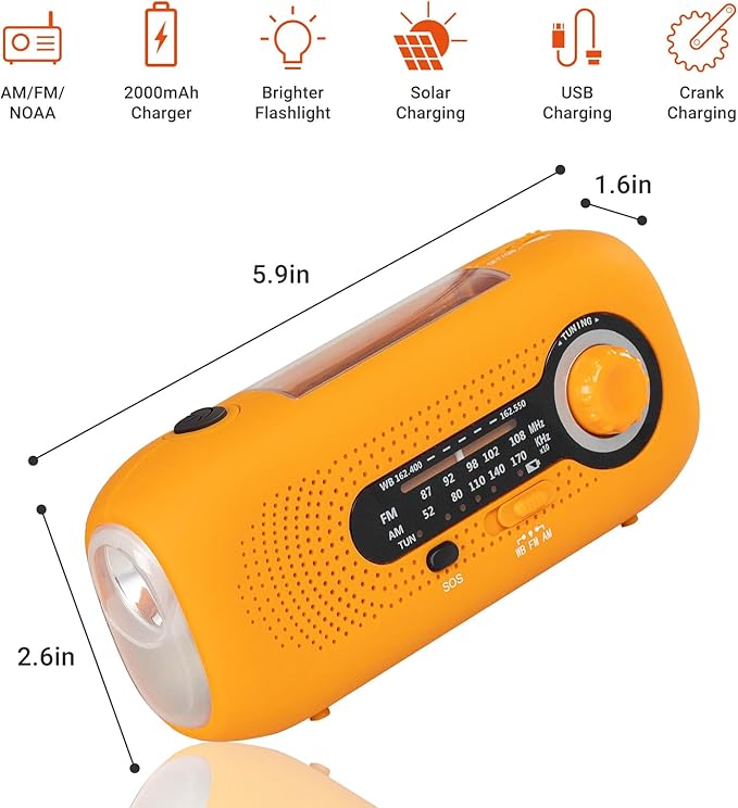 Solar Hand Crank Emergency Radio - 2000mAh Portable Weather Radio with AM/FM/NOAA, 3-Mode Flashlight, SOS Alarm & Cell Phone Charger for Outdoor & Home Use