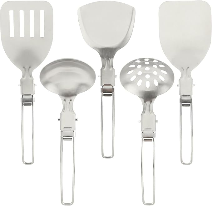 Camping Kitchen Utensil Set, 5Pcs Portable Foldable Stainless Steel Outdoor Cooking Utensil, Practical Folding Soup Ladles Strainer Spatula Kitchen Gear for Outdoor Camping