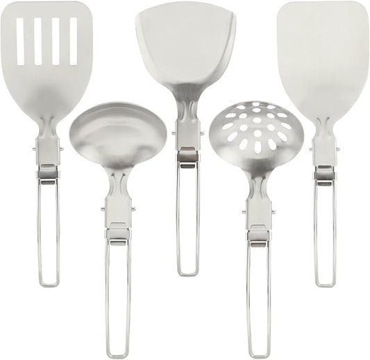 Camping Kitchen Utensil Set, 5Pcs Portable Foldable Stainless Steel Outdoor Cooking Utensil, Practical Folding Soup Ladles Strainer Spatula Kitchen Gear for Outdoor Camping