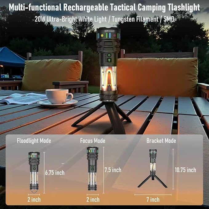 Rechargeable Camping Flashlight Tactical Flashlight, 11 Modes Multi-Function Flashlight 10000 Lumens Portable Camp Light with Stand, Bright LED Flashlight for Outdoor Activity, Black