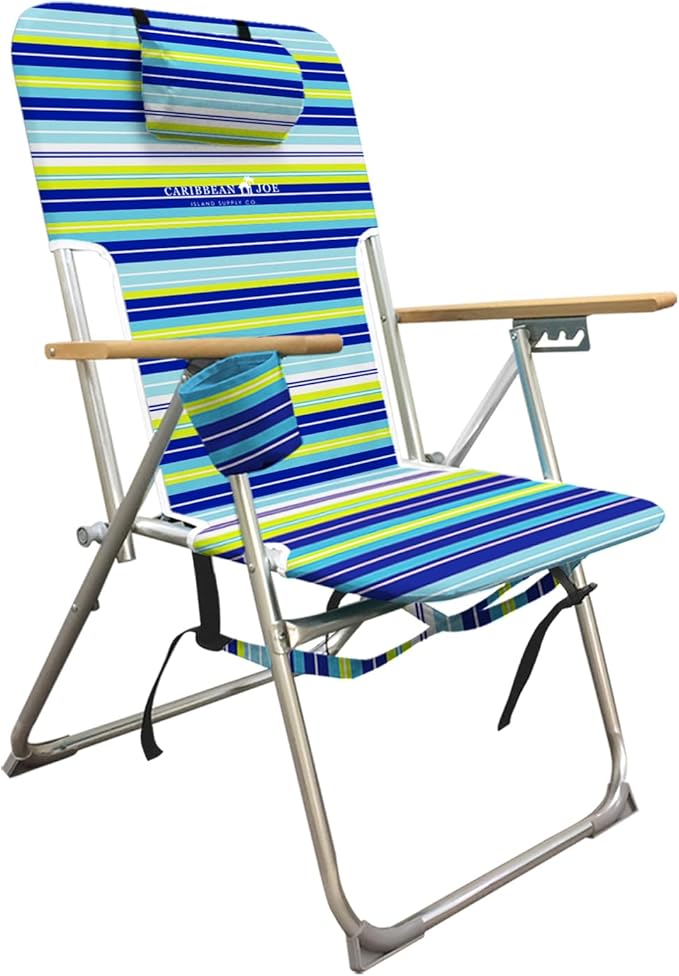 CARIBBEAN JOE Folding Beach Chair, 4 Position Portable Backpack Foldable Camping Chair with Headrest, Cup Holder, and Wooden Armrests