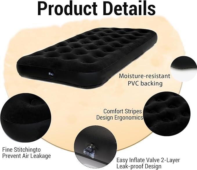 Onirii Twin Size Single Camping Air Mattress Bed with Air Pump,75"x 39"Thickened Portable Inflatable Mattress Blow Up Air Mattress,Travel Sleeping Bed Pad for Camping Home Hiking(Black)